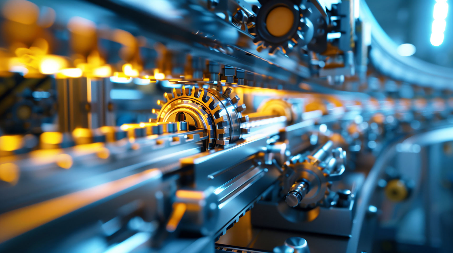 A close-up view of industrial machinery with metal gears and conveyor chains, illuminated by blue and orange lights, showing intricate mechanical components in motion.