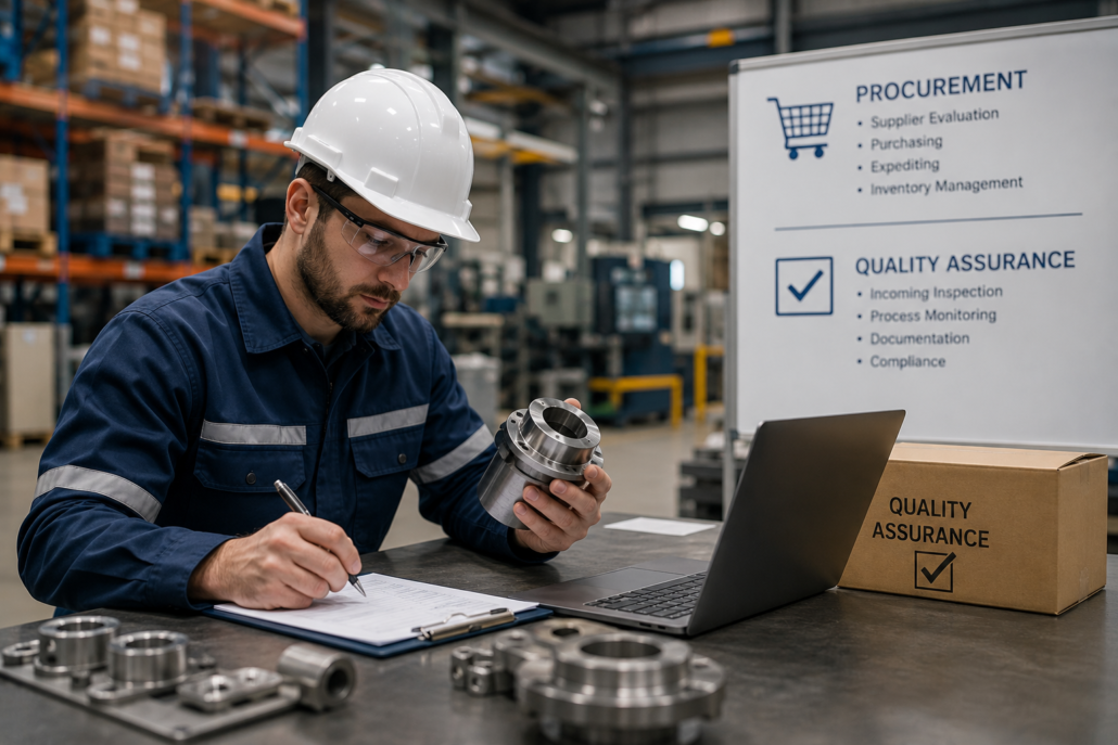 An engineer wearing a white hard hat and safety glasses inspects a metal part at a desk, writing notes. A laptop, metal components, and a Quality Assurance box are nearby, with a procurement and QA checklist in the background.