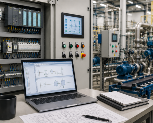 A laptop displaying technical diagrams sits on a desk with a notebook, paper, and coffee mug in an industrial control room, highlighting PLC programming and automation, with electrical panels and machinery visible in the background.