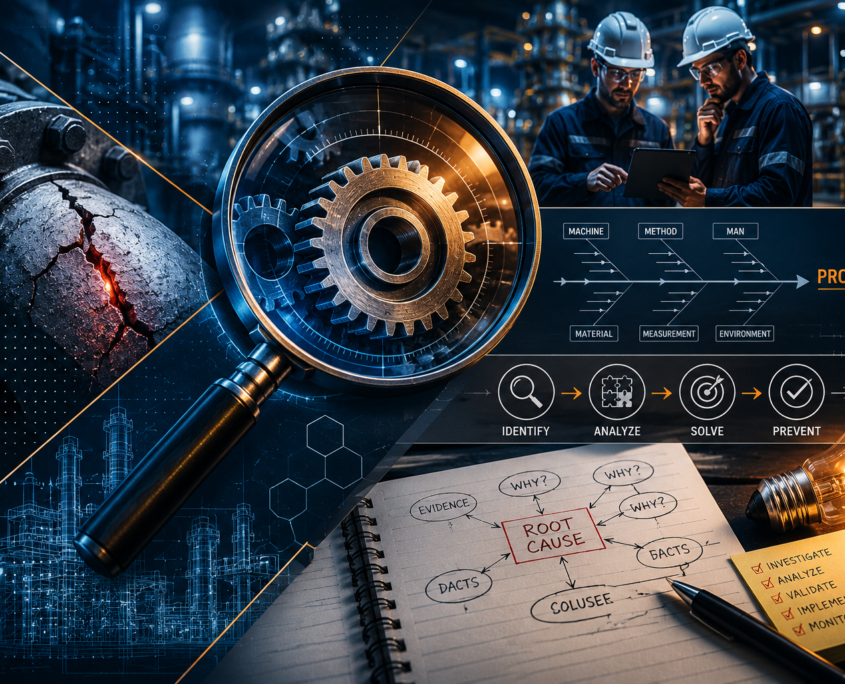 Magnifying glass over gears, cracked pipe, and flowchart showing root cause analysis steps; two engineers from an engineering consulting firm discuss with a clipboard, while a notepad details problem-solving processes. Industrial machinery in the background.