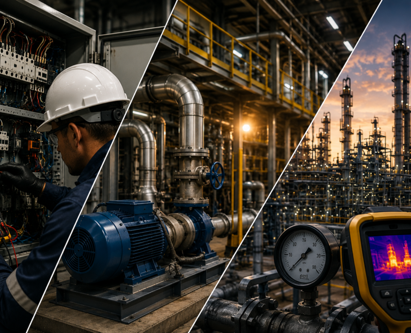 A composite image shows an engineer from an engineering consulting firm testing electrical panels, industrial equipment in a factory, refinery towers at sunset, and a thermal camera displaying a heat map of the refinery.