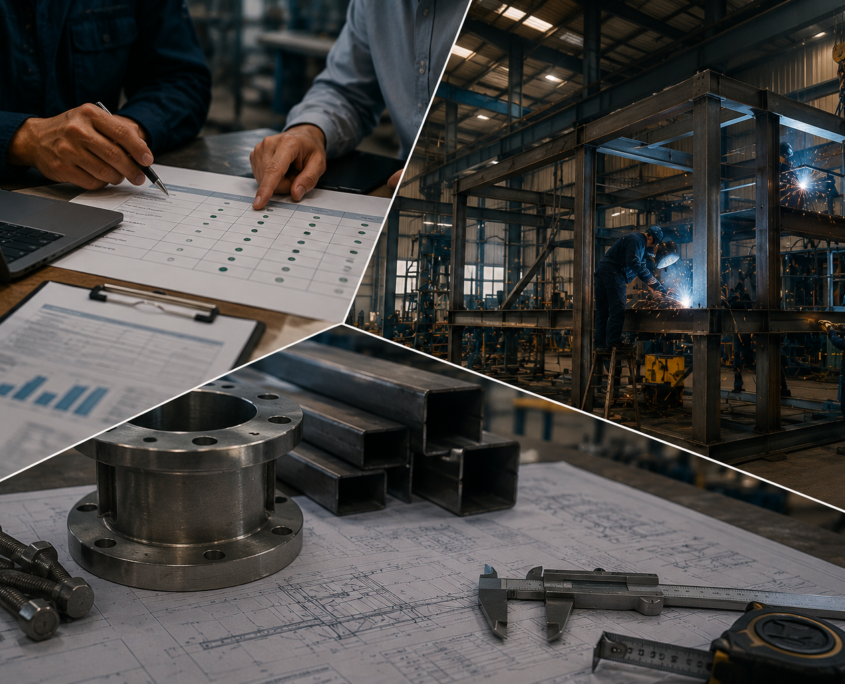 Collage of three scenes: two people reviewing Procurement & Quality Assurance checklists and charts at a desk, workers welding a large metal structure in a factory, and close-up of mechanical parts and blueprints on a table.