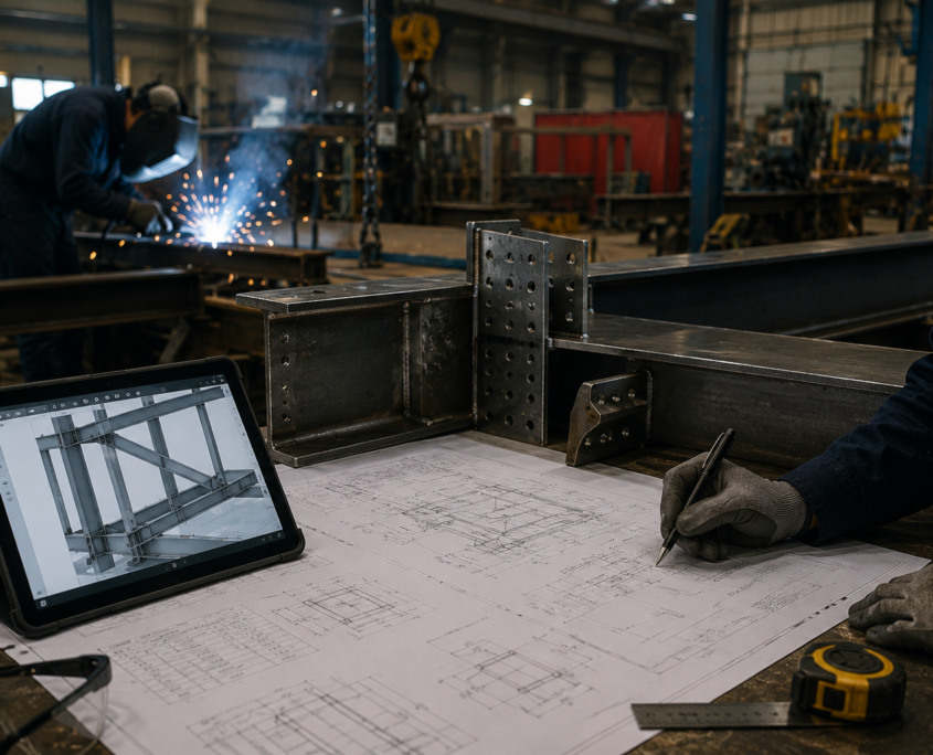 A person wearing gloves reviews technical blueprints and takes notes related to Procurement & Quality Assurance on a table with metal beams and a tablet displaying a structural diagram. In the background, another worker is welding metal inside a large industrial workshop.