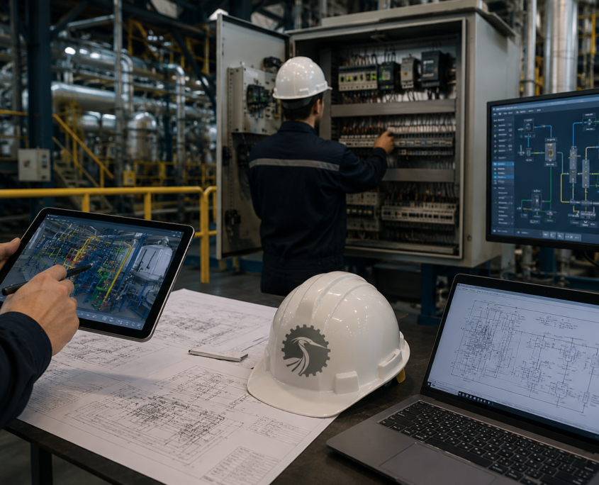 Engineers in hard hats provide commissioning support as they monitor and adjust industrial equipment using control panels, schematics, a tablet, and computers displaying technical diagrams in a factory setting.