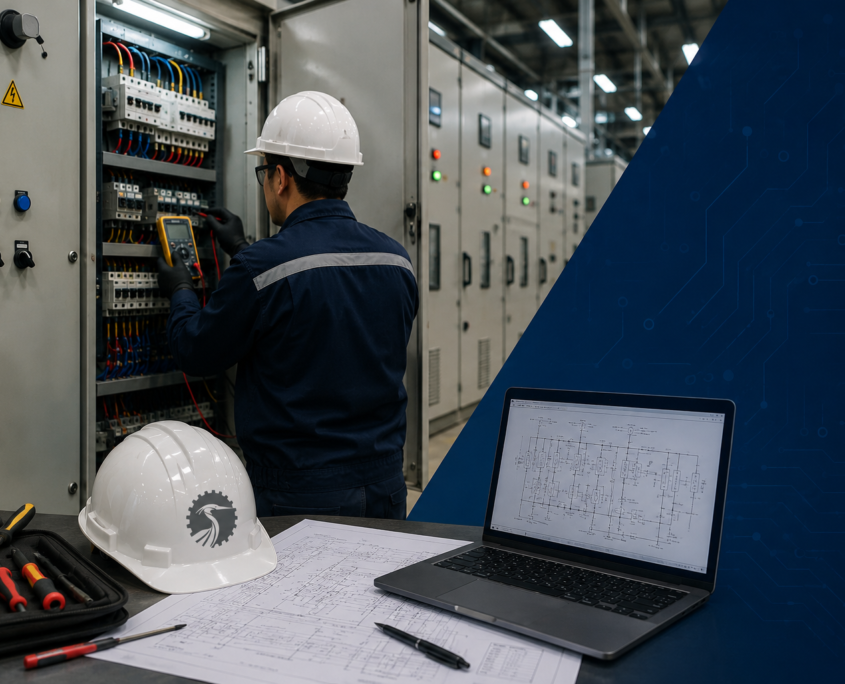 An engineer in safety gear inspects electrical panels in an industrial setting, providing commissioning support. In the foreground, a laptop displaying circuitry diagrams, a hard hat, blueprints, and tools are arranged on a table.