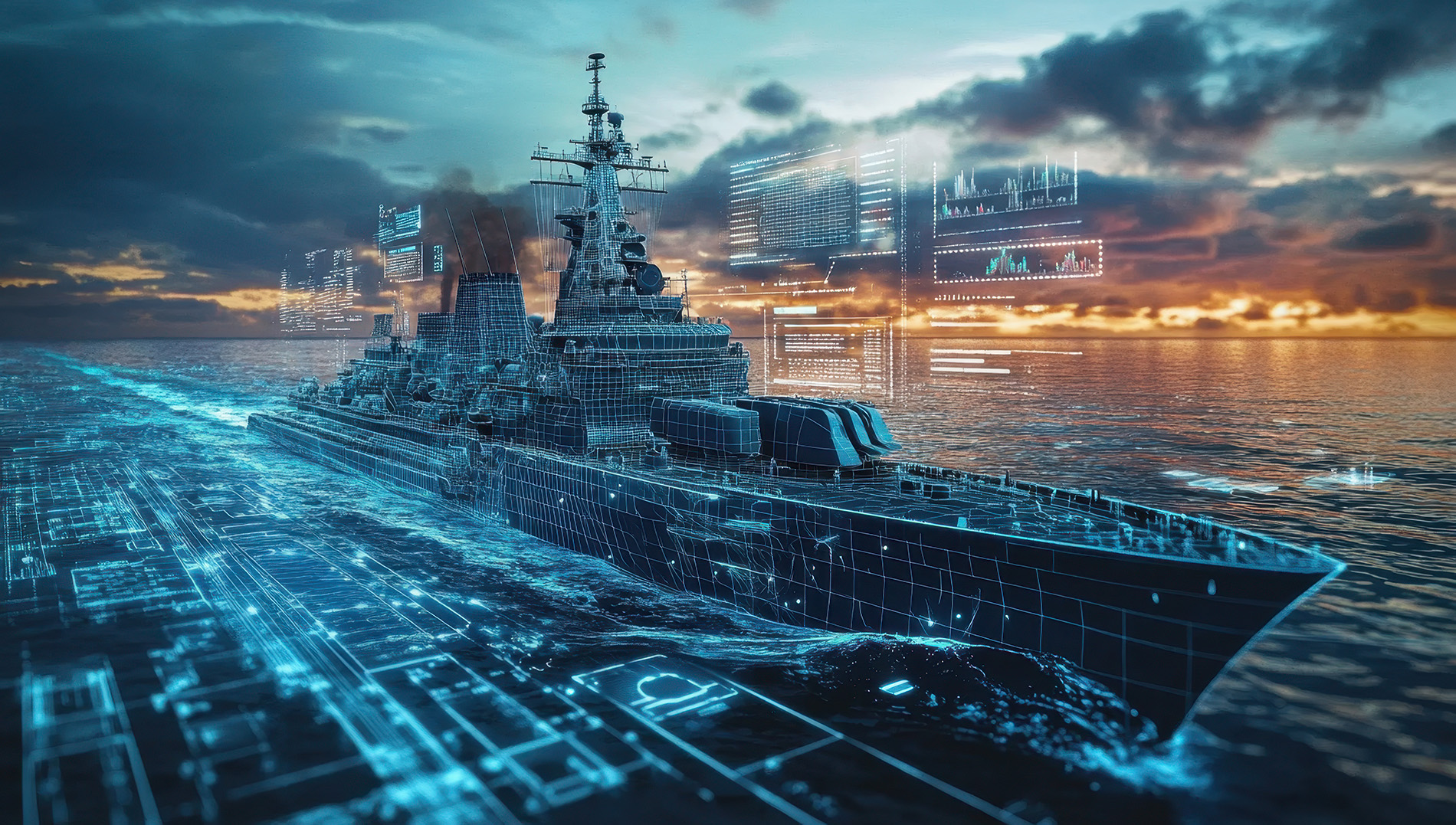 A warship sails on the ocean at sunset, overlaid with digital blueprints, data charts, and holographic interfaces—blending Maritime & Defense technology with striking military imagery.