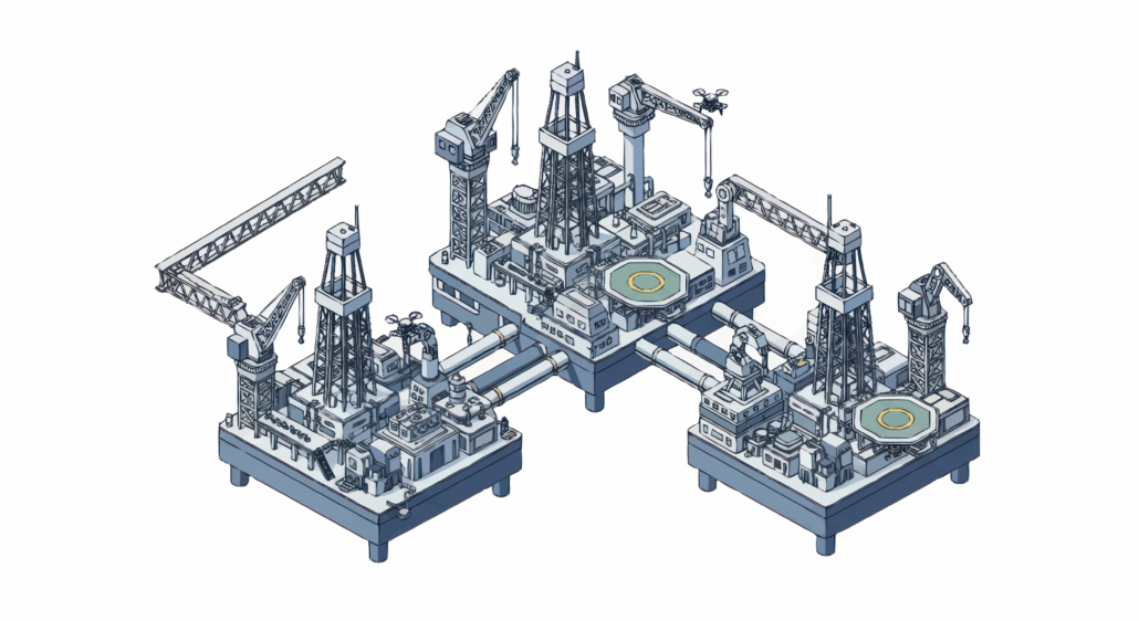 Isometric illustration of three interconnected offshore oil rigs with cranes, drilling towers, helipads, and various maritime & defense equipment on each platform, all connected by walkways over the water.