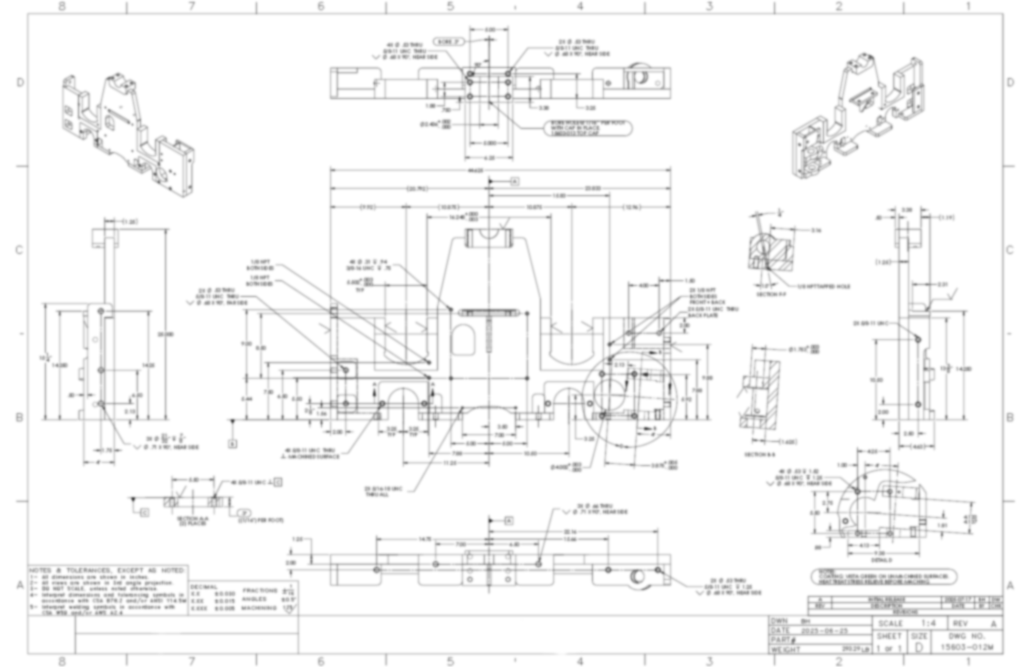 Technical engineering drawing of a mechanical part with multiple views, detailed measurements, and annotations specifying dimensions and materials—ideal for specialized applications such as Forestry Services manufacturing and assembly.
