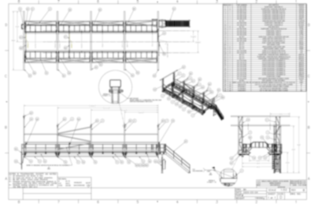 Blurred engineering blueprint showcasing multiple technical drawings and labeled diagrams of a bridge or walkway structure, including side, top, and section views, with detailed measurements—ideal for illustrating professional Drafting Services.