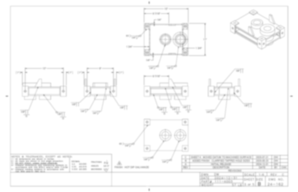 A technical engineering drawing with multiple views and dimensions of a mechanical part, including detailed measurements, manufacturing annotations, and a title block in the lower right corner.