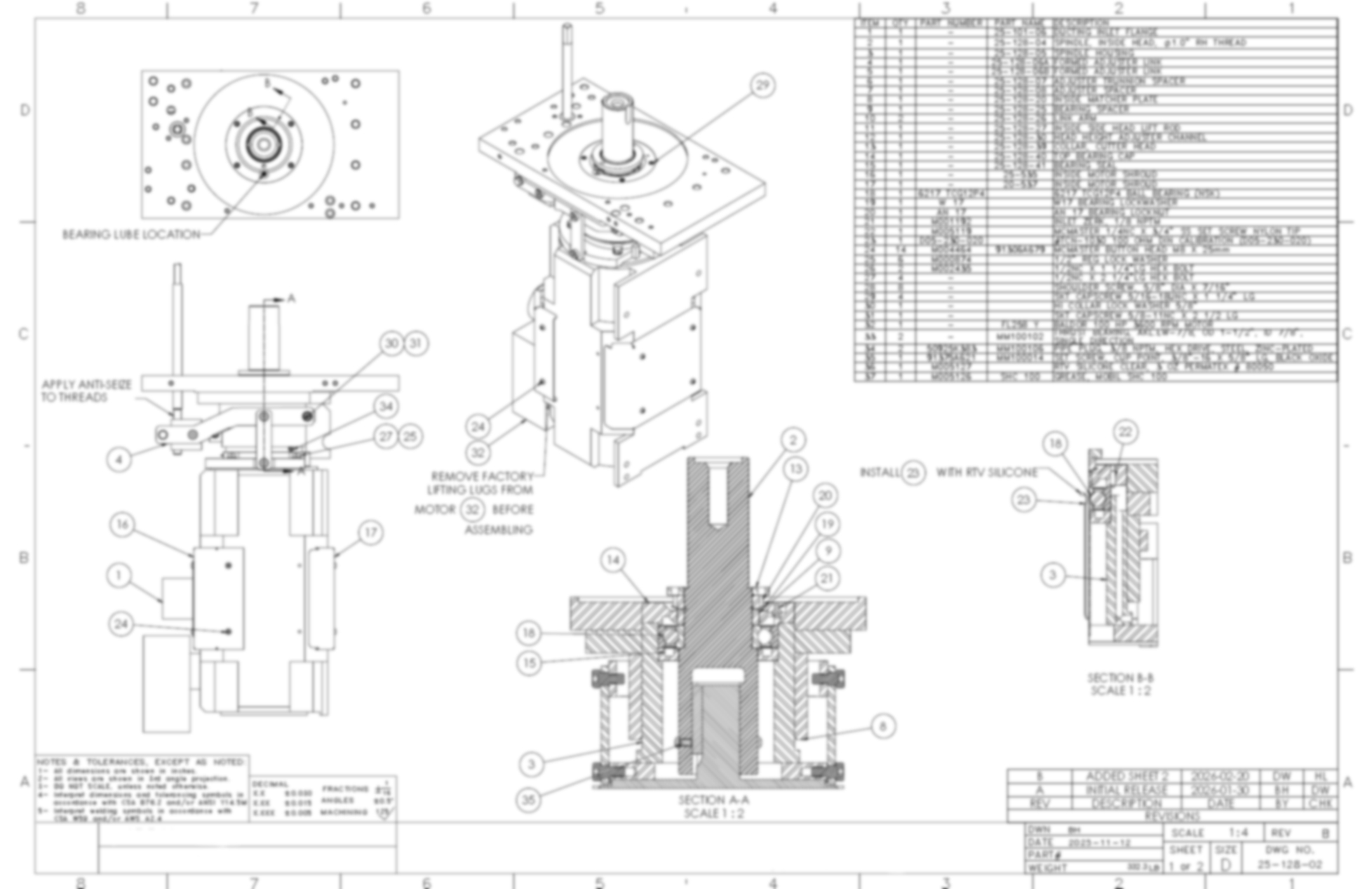 Technical engineering drawing showing detailed views, dimensions, cross-sections, and a parts list for an Oil & Gas mechanical assembly with annotations, labeled components, and assembly instructions.