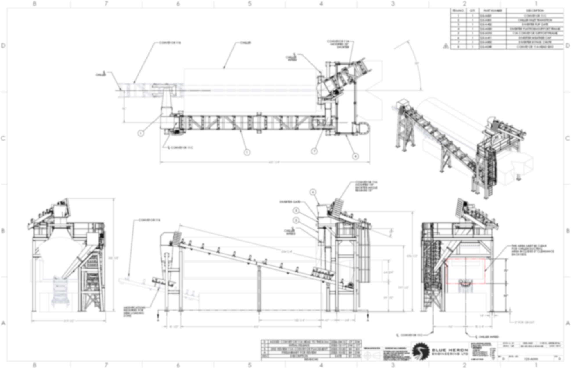 Technical engineering drawing showing multiple views and schematics of an industrial conveyor system, including side, front, and isometric perspectives with detailed labels and measurements for Structural Analysis Services in Canada.
