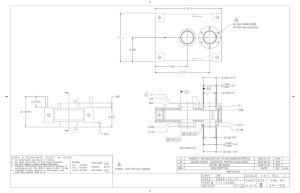 Engineering technical drawing of a machined metal part, created as part of Engineering Services, featuring top, side, and sectional views with precise dimensions, hole placements, machining notes, and a detailed title block at the bottom.